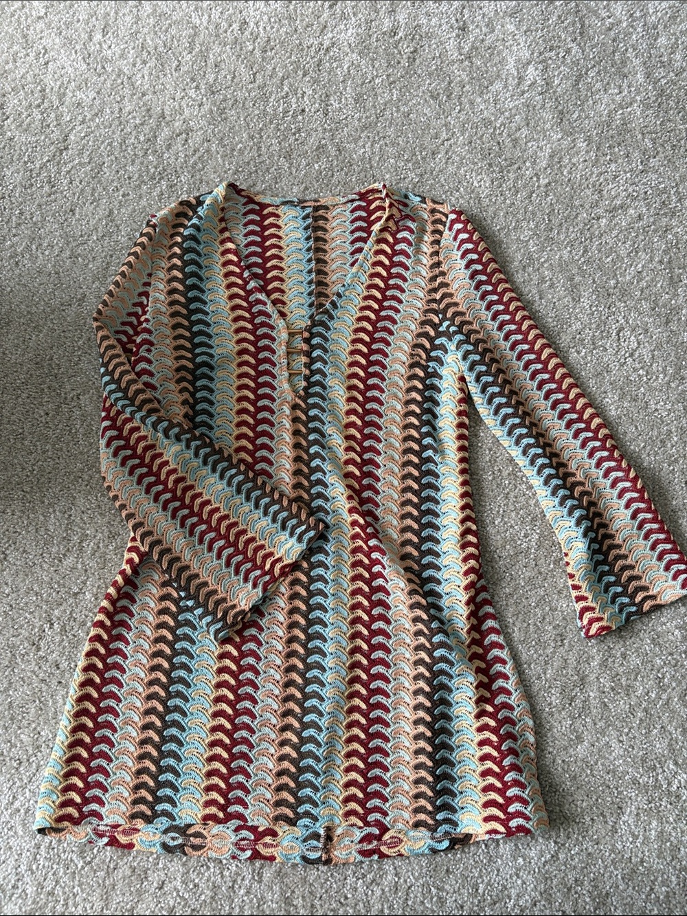 Multicolor Crochet Knit V-Neck Women's Sweater Dress